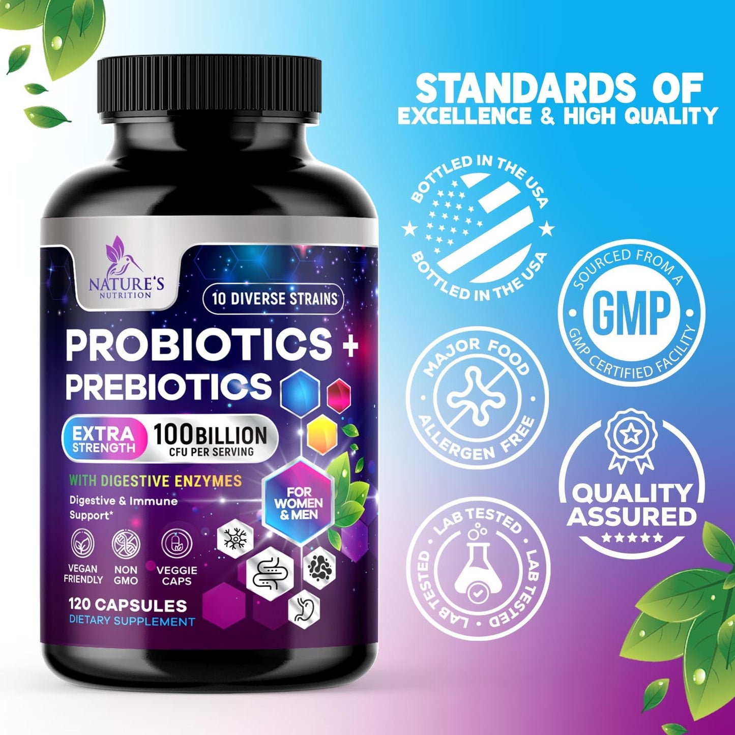 Probiotics 100 Billion CFU Per Serving - 10 Premium Strains + Prebiotics - Best Probiotic Supplement for Women & Men - Supports Immune, Digestive Health, - Maple Wellness Supplements
