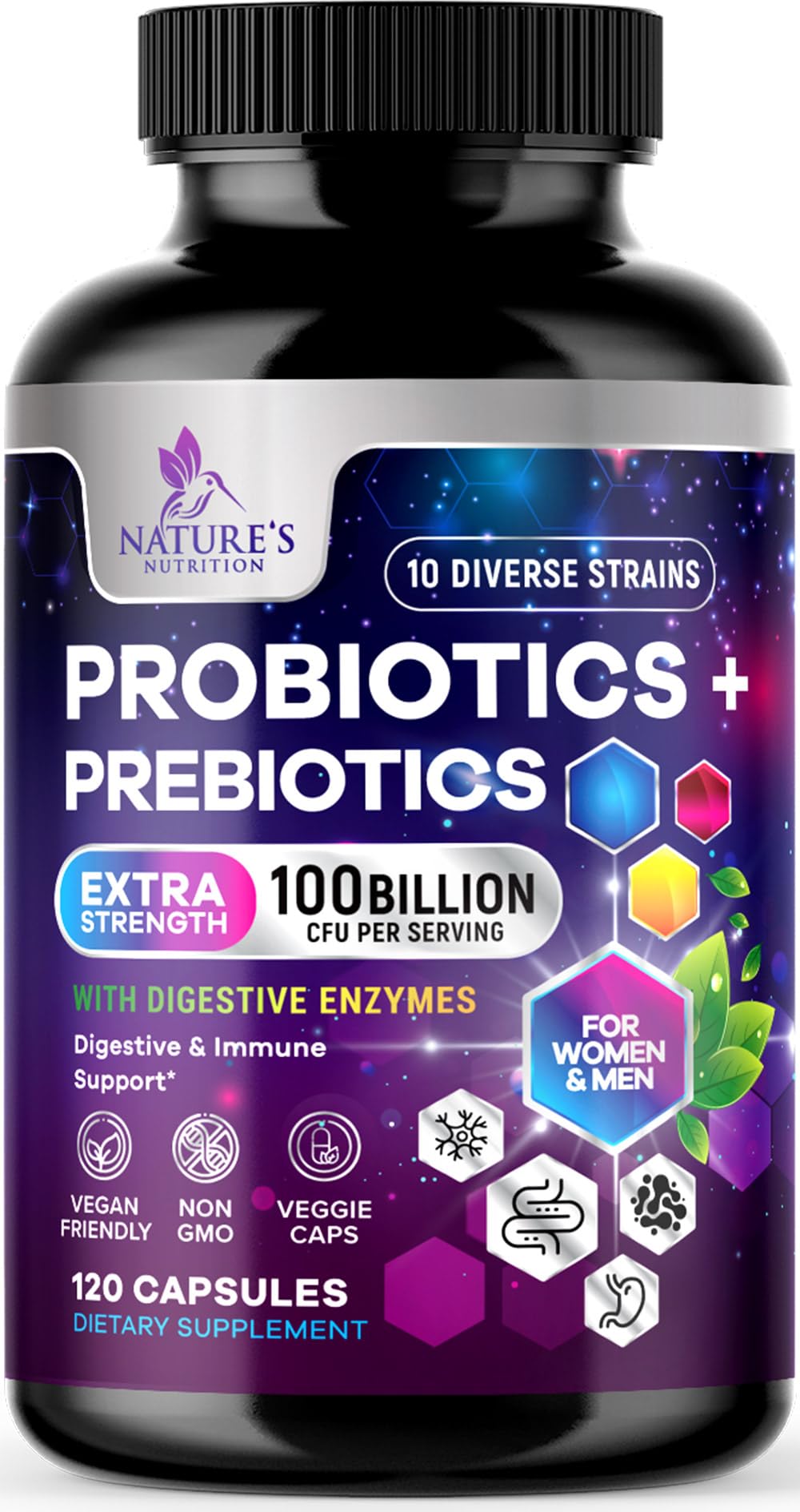 Probiotics 100 Billion CFU Per Serving - 10 Premium Strains + Prebiotics - Best Probiotic Supplement for Women & Men - Supports Immune, Digestive Health, - Maple Wellness Supplements