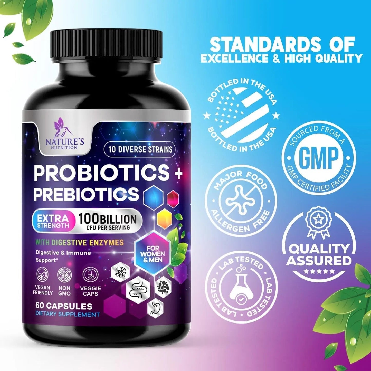 Probiotics 100 Billion CFU Per Serving - 10 Probiotic Strains & Prebiotics - Digestive Gut Health, Immune Support & Occasional Constipation, Gas & Bloating - Daily Supplement For Adults - 60 Capsules - Maple Wellness Supplements