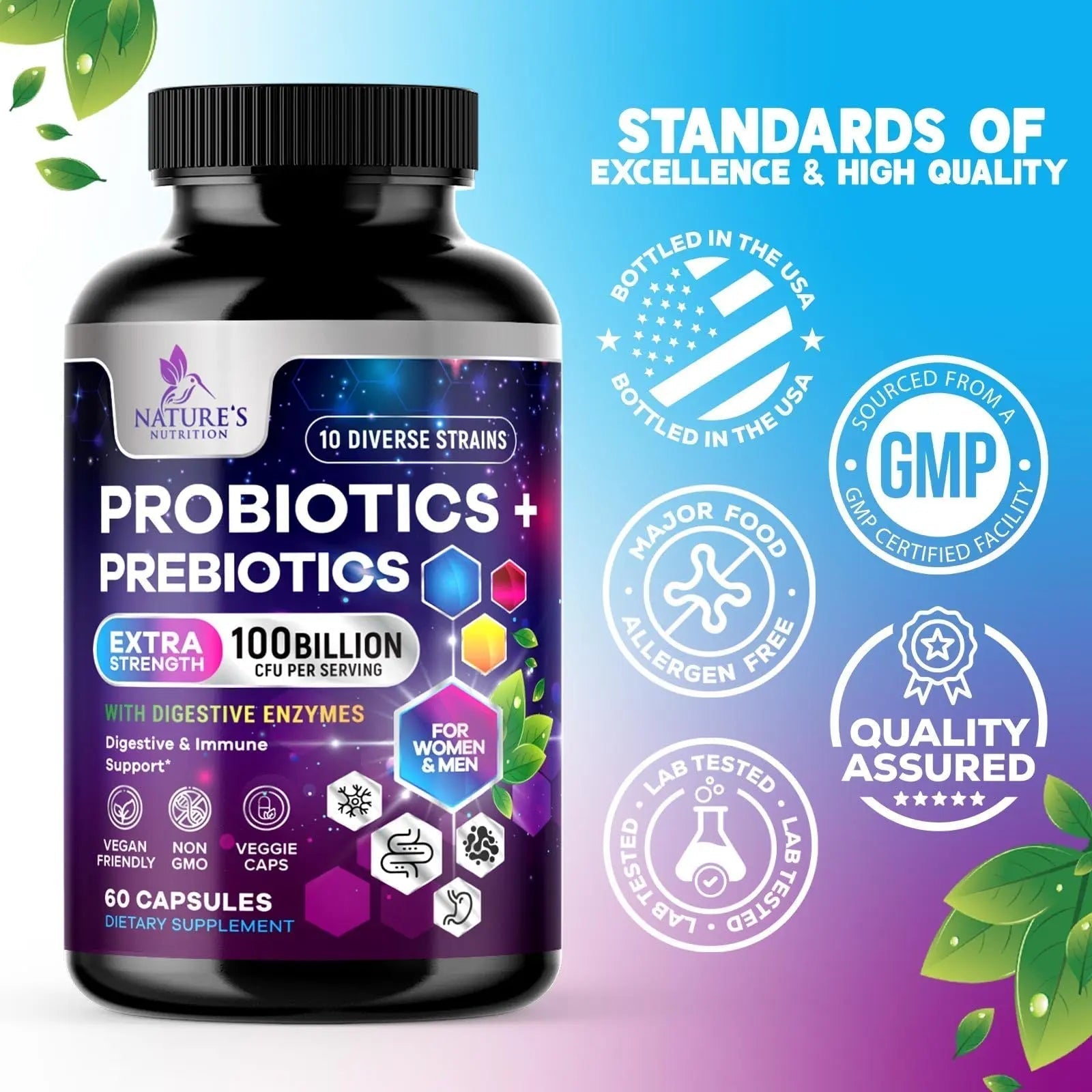 Probiotics 100 Billion CFU Per Serving - 10 Probiotic Strains & Prebiotics - Digestive Gut Health, Immune Support & Occasional Constipation, Gas & Bloating - Daily Supplement For Adults - 60 Capsules - Maple Wellness Supplements