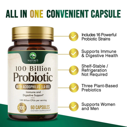 Probiotics 100 Billion CFU Per Serving - 16 Premium Probiotic Strains Prebiotics - Immune Support, Gut Health, Occasional Constipation, Gas & Bloating, Probiotics Supplement, USA Bottled, 60 Capsules - Maple Wellness Supplements