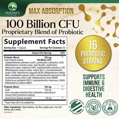 Probiotics 100 Billion CFU Per Serving - 16 Premium Probiotic Strains Prebiotics - Immune Support, Gut Health, Occasional Constipation, Gas & Bloating, Probiotics Supplement, USA Bottled, 60 Capsules - Maple Wellness Supplements