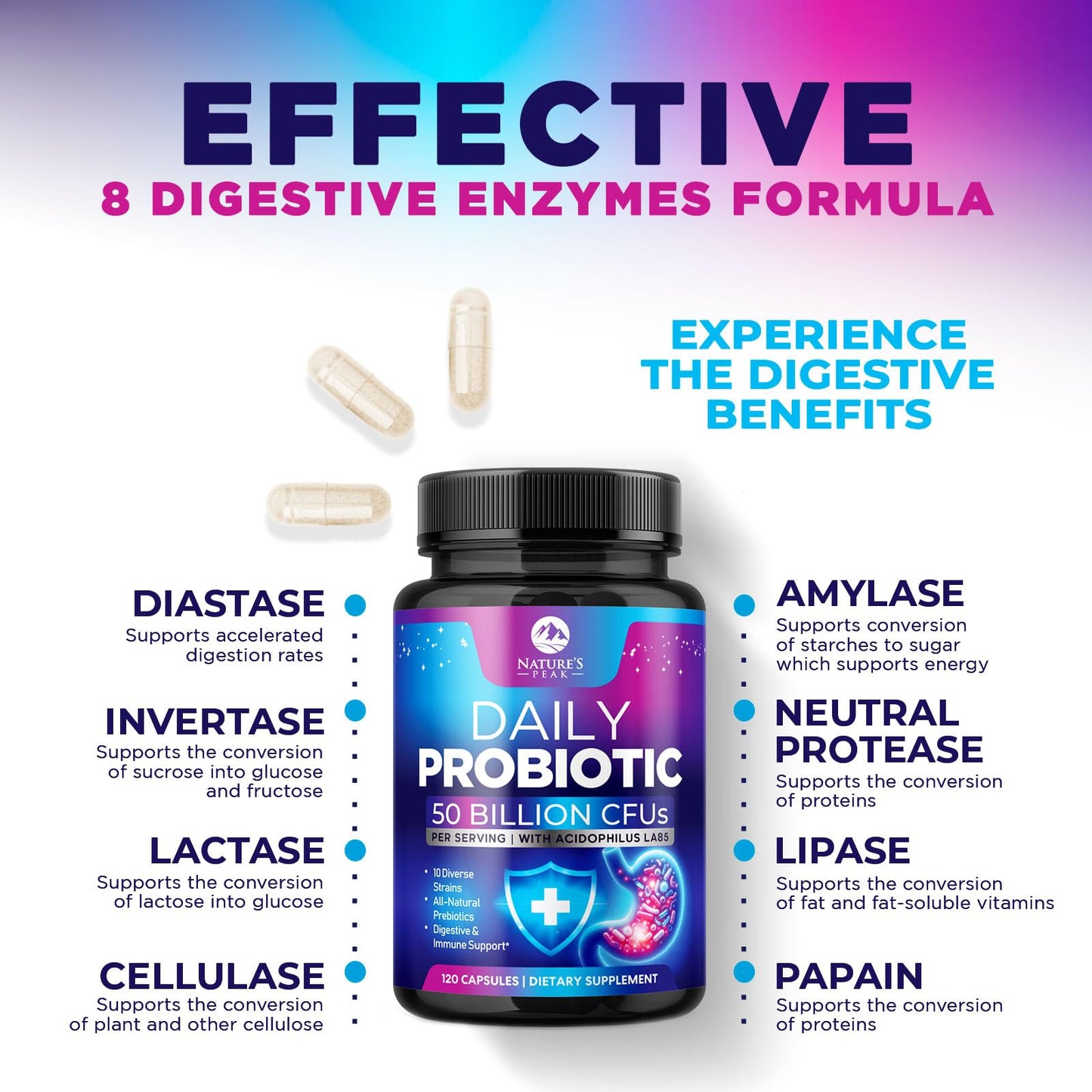 Probiotics 50 Billion CFU Per Serving - 10 Premium Strains + Digestive Enzymes & Prebiotics - Best Probiotic for Women & Men, Supports Immune, - Maple Wellness Supplements