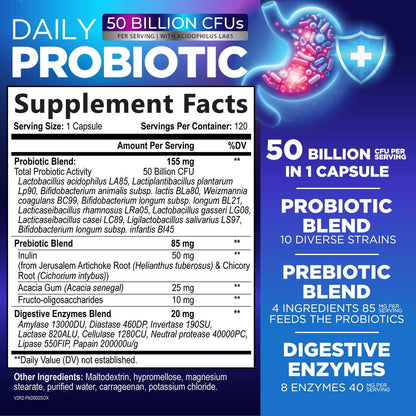 Probiotics 50 Billion CFU Per Serving - 10 Premium Strains + Digestive Enzymes & Prebiotics - Best Probiotic for Women & Men, Supports Immune, - Maple Wellness Supplements