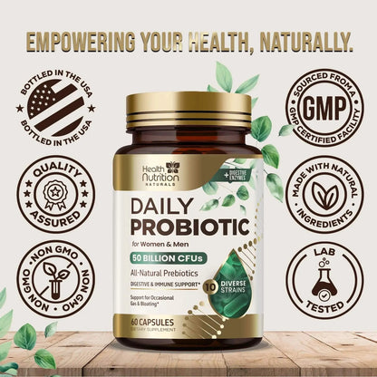 Probiotics 50 Billion CFU per Serving - 10 Strains + Prebiotics - Digestive Health, Gut & Immune Support - Occasional Constipation, Gas & Bloating Support for Women & Men, Bottled USA - 60 Capsules - Maple Wellness Supplements