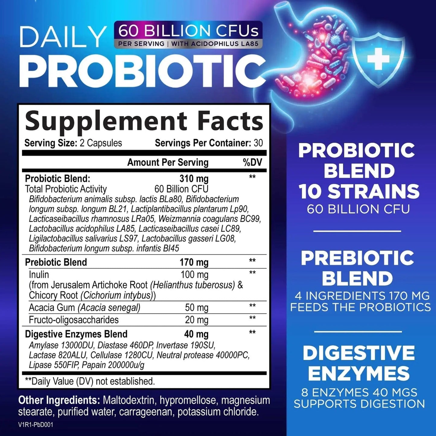 Probiotics 60 Billion CFU - 10 Strains + Digestive Enzymes & Prebiotics - Best Probiotic for Women & Men, Supports Immune, Gut Health, Occasional Constipation, Diarrhea, Gas & Bloating - 60 Capsules - Maple Wellness Supplements