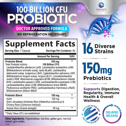 Probiotics for Digestive Gut Health - 100 Billion CFU Per Capsule, 16 Premium Strains & Prebiotics - Best Probiotics for Women & Men, Occasional Constipation - Maple Wellness Supplements