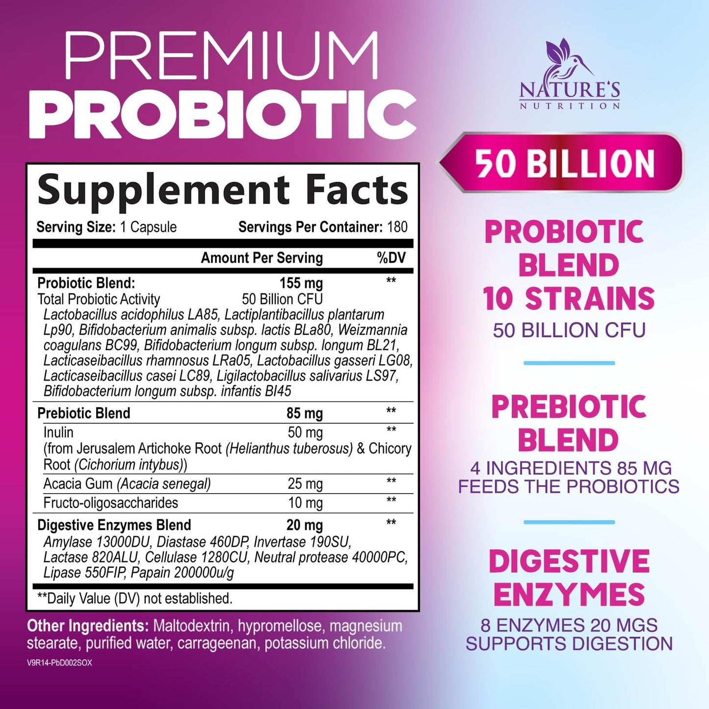 Probiotics for Digestive Gut Health - 50 Billion CFU Per Capsule, 10 Premium Strains & Prebiotics - Best Probiotics for Women & Men, Occasional Constipation, Gas, Immune Health Support - 180 Capsules - Maple Wellness Supplements