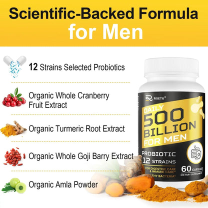 Probiotics for Men, 500 Billion CFUs & 12 Strains Mens Probiotic with Turmeric Cranberry, Goji, Gut Health for Men, for Digestive Health, Gut, Bloating & Gas, Immune, Energy Support, 120-Day Supply - Maple Wellness Supplements