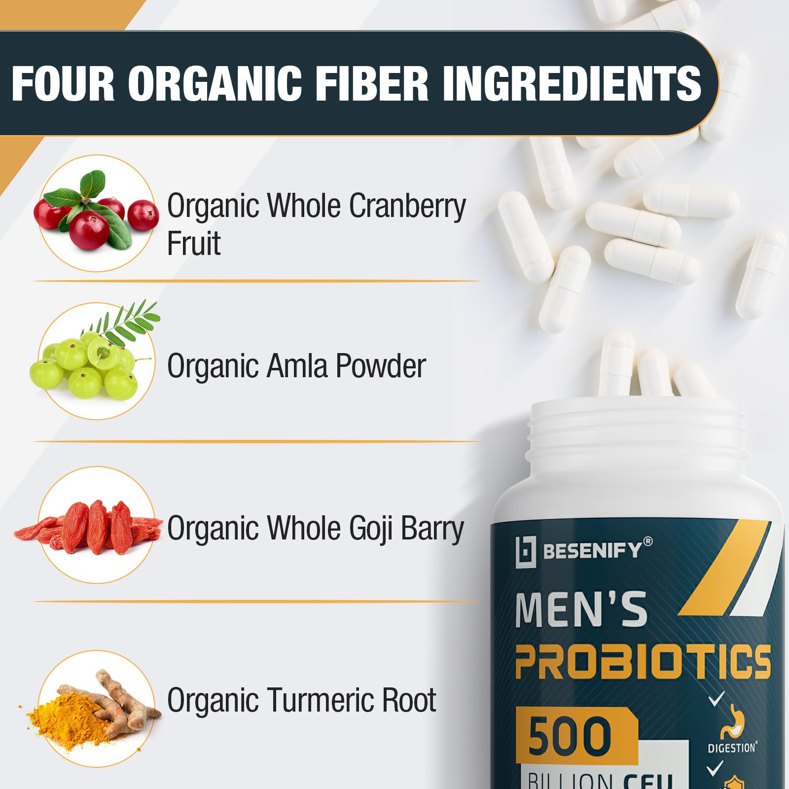 Probiotics for Men, 500 Billion CFUs & 12 Strains, Men's Probiotic with Turmeric, Cranberry, Goji - Probiotics for Digestive Health, Immune, Stomach, - Maple Wellness Supplements