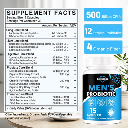 Probiotics for Men, 500 Billion CFUs 12 Strains, Mens Probiotics for Gut Health*, Digestive Health*, Energy, Prostate & Urinary Tract*, with Cranberry, Goji, Turmeric & Amla, Shelf Stable, 60 Caps - Maple Wellness Supplements