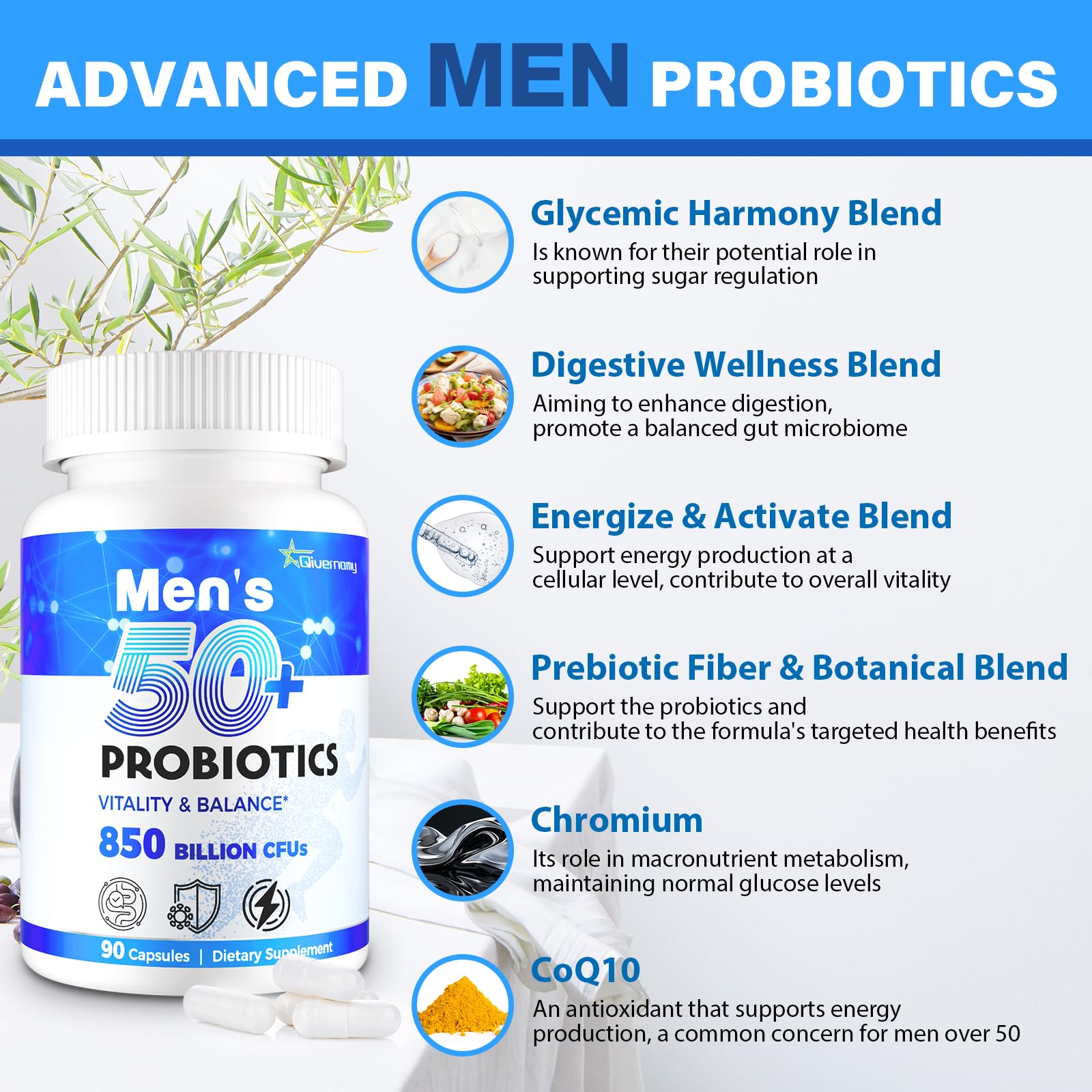 Probiotics for Men, Advanced 50+ Mens Probiotic, Comprehensive Gut & Energy Support with 850 Billion CFU, 1800mg Prebiotics Fiber – Tailored Wellness mens probiotics - Maple Wellness Supplements