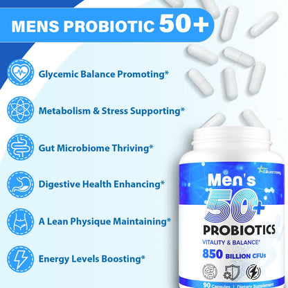 Probiotics for Men, Advanced 50+ Mens Probiotic, Comprehensive Gut & Energy Support with 850 Billion CFU, 1800mg Prebiotics Fiber – Tailored Wellness mens probiotics - Maple Wellness Supplements