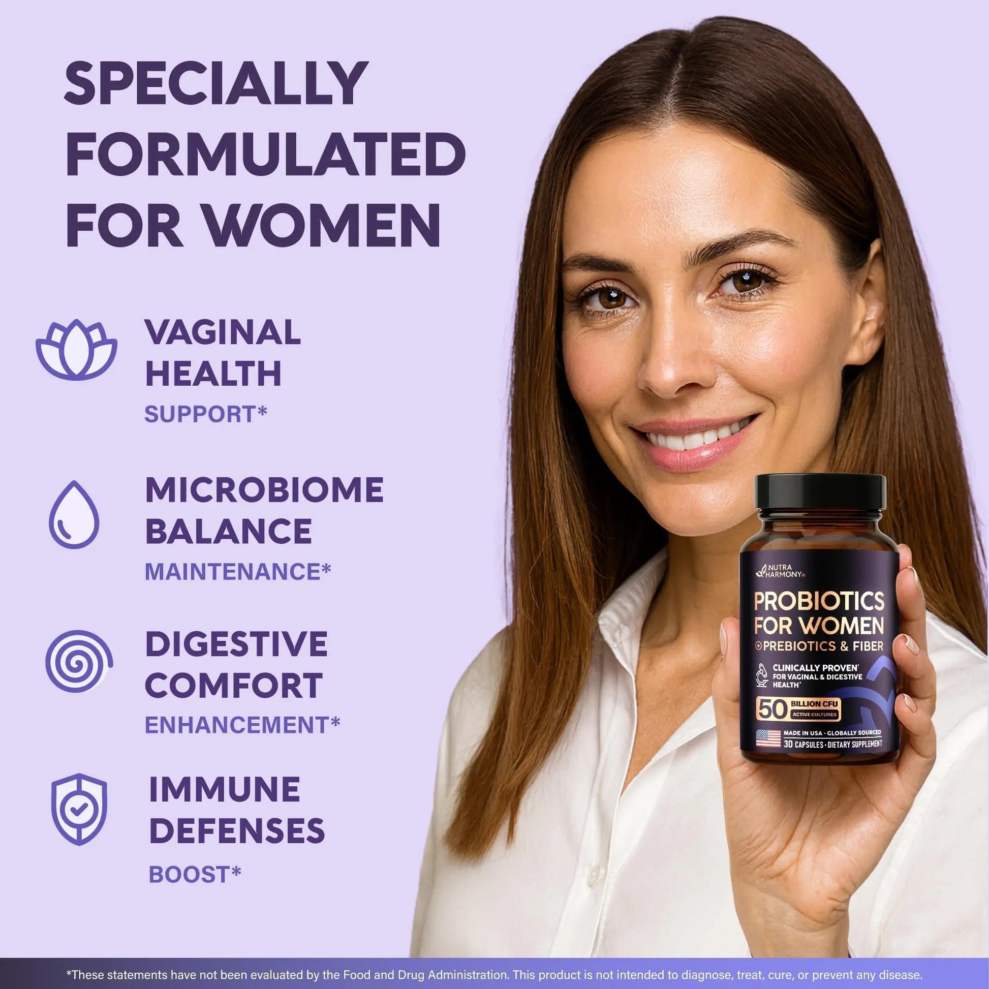 Probiotics for Women 50 Billion CFU - Vaginal Probiotics Clinically Proven for Yeast & pH Balance - Digestion & Bloating Relief - 8 Strains + Prebiotics - Delay Release - Made in USA, 30 Capsules - Maple Wellness Supplements
