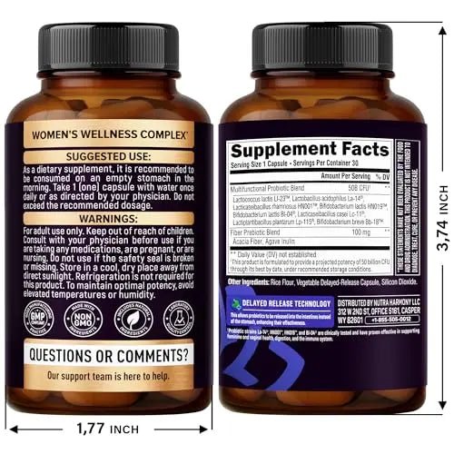 Probiotics for Women 50 Billion CFU - Vaginal Probiotics Clinically Proven for Yeast & pH Balance - Digestion & Bloating Relief - 8 Strains + Prebiotics - Delay Release - Made in USA, 30 Capsules - Maple Wellness Supplements