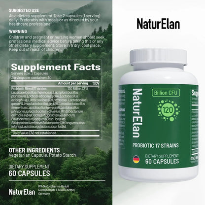 Probiotics for Women & Men - 120 Billion CFU, 17 Powerful Strains for Gut Health, Immunity & Fast Bloating Relief, Third - Party Tested, Non-GMO & Vegan Probiotics Formula for Digestive Health, 60 CT - Maple Wellness Supplements