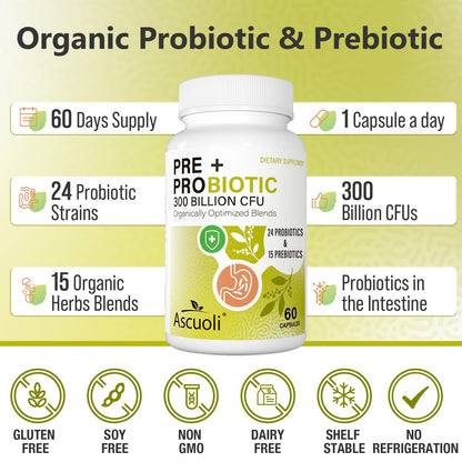 Probiotics for Women & Men - 300 Billion CFU, 24 Strains + 15 Organic Herbs Prebiotics Blend, Daily Probiotic for Digestive Health, Immune, Gut, Bloating - Maple Wellness Supplements