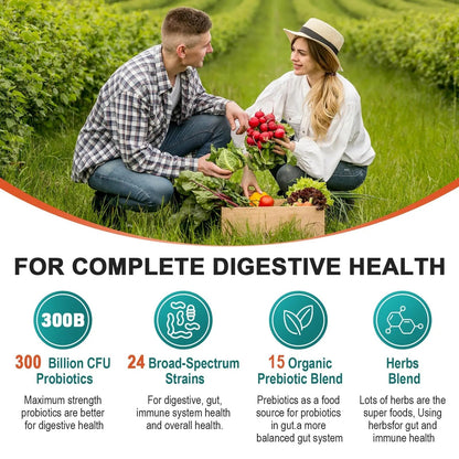 Probiotics for Women & Men - 300 Billion CFU, 24 Strains Probiotic + 15 Organic Herbs Prebiotics Blend, for Overall Digestive Gut Health, Immune, Constipation & Bloating, Shelf Stable - 4 Month Supply - Maple Wellness Supplements