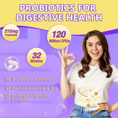 Probiotics for Women & Men Digestive Health，120 Billion CFUs, Prebiotics and Probiotics for Gut Health, D3, Zinc & Immune Support Herbs, Detox Cleanse, 45 Day - 3 Month Supply - Maple Wellness Supplements