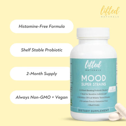 Probiotics - Mood Super Strains Probiotic - Naturally Supports Digestion & Mood - Histamine-Free Probiotics w/ L Rhamnosus GG, Shelf Stable Probiotic Supplement, 60 Day Supply, Non-GMO, VEGAN - Maple Wellness Supplements