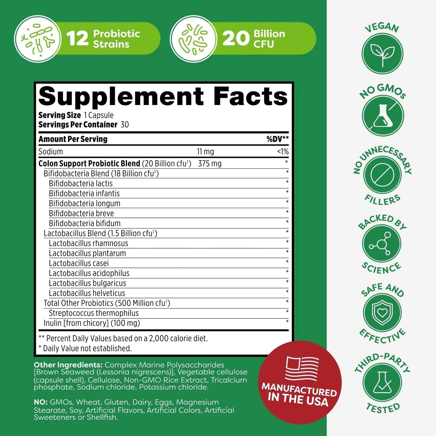 Probulin Colon Support Probiotic Supplement, Daily Gut, Digestive, and Immune Health Probiotics Capsules for Men and Women, 20 Billion CFU, Vegan, 30 Count Bottle - Maple Wellness Supplements