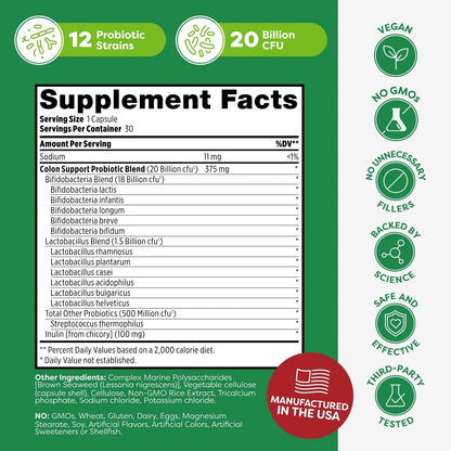 Probulin Colon Support Probiotic Supplement, Daily Gut, Digestive, and Immune Health Probiotics Capsules for Men and Women, 20 Billion CFU, Vegan, 30 Count Bottle - Maple Wellness Supplements
