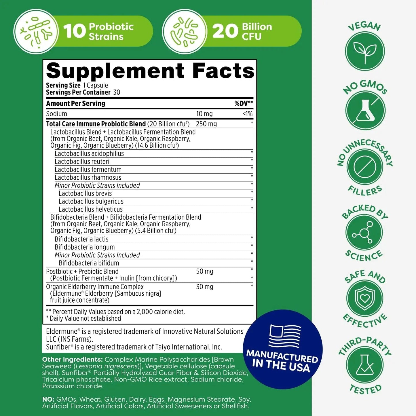 Probulin Total Care Immune = Prebiotics + Probiotics + Postbiotics + Elderberry to Support Immune & Gut Health - 20 Billion CFU - 10 Probiotic Strains, 30 Vegan Capsules - Maple Wellness Supplements
