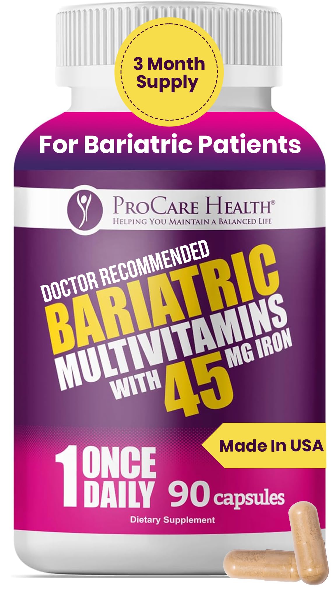 ProCare Health Bariatric Multivitamin 45mg Iron – Once Daily Capsule for Gastric Bypass, Sleeve & Post-Op Support – 90 Easy-to-Swallow Capsules - Maple Wellness Supplements