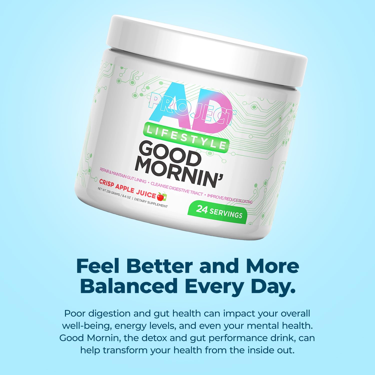 Project AD Life Good Morning Detox and Performance Drink, Naturally Flavored and Formulated with L-GLutamine, Apple Cider Vinegar, and Aloe Vera (24 Servings, Summer Fruits) - Maple Wellness Supplements