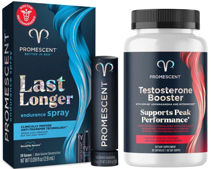 Promescent Desensitizing Delay Spray for Men Clinically Proven to Help You Last Longer in Bed, Prolong Climax for Him, 2.6 ml + Testosterone Booster for Men Supplement with KSM-66 Ashwagandha - Maple Wellness Supplements