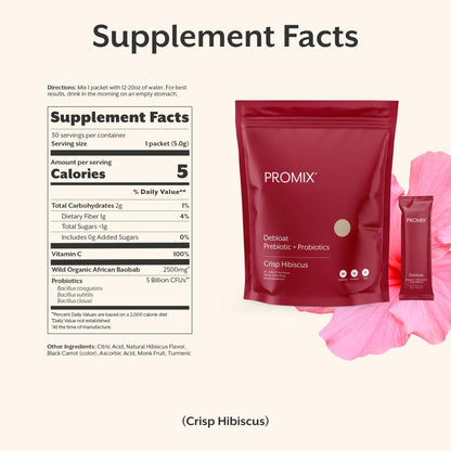 ProMix Nutrition Debloat Prebiotics and Probiotics Immune Support Supplement for Digestion, Cortisol Health, Gut Cleanse - Hibiscus - Maple Wellness Supplements