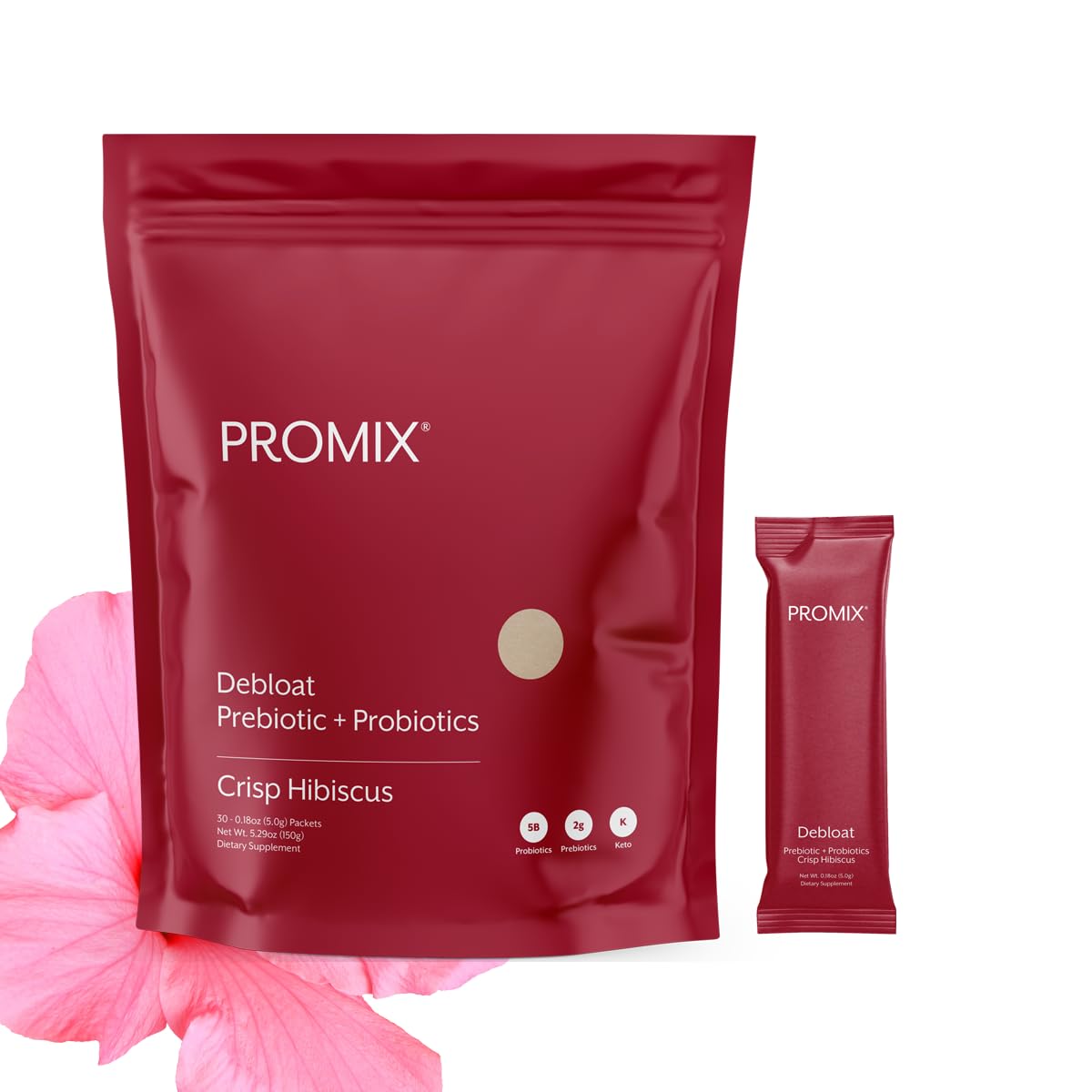 ProMix Nutrition Debloat Prebiotics and Probiotics Immune Support Supplement for Digestion, Cortisol Health, Gut Cleanse - Hibiscus - Maple Wellness Supplements