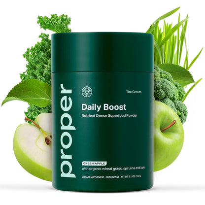 Proper, The Greens Daily Boost Organic Greens Powder. Whole Food, Apple Flavour Veggie Powder Superfood with Wheatgrass, Spirulina, Chlorella, Probiotics. - Maple Wellness Supplements