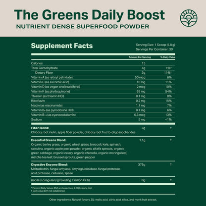 Proper, The Greens Daily Boost Organic Greens Powder. Whole Food, Apple Flavour Veggie Powder Superfood with Wheatgrass, Spirulina, Chlorella, Probiotics. - Maple Wellness Supplements