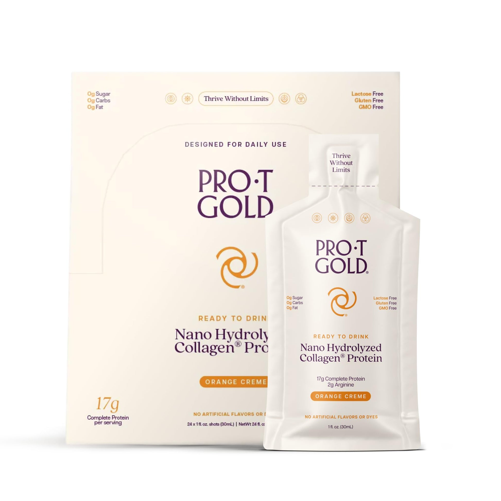 ProT Gold Liquid Collagen Protein Shot, 17g Clear Protein Nano-Hydrolyzed Grass Fed Collagen, 2g Arginine for Wound Support, Gluten Free, Sugar Free, 0g Carbs, Orange Creme, 1 fl oz, 24 Pack - Maple Wellness Supplements
