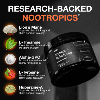 PRSNT Nootropic Focus Powder | Mango 25 Servings | Caffeine-Free, Sugar-Free | Supports Focus, Energy, Mental Clarity | Nootropic + Electrolytes Hydration Focus Drink Mix - Maple Wellness Supplements