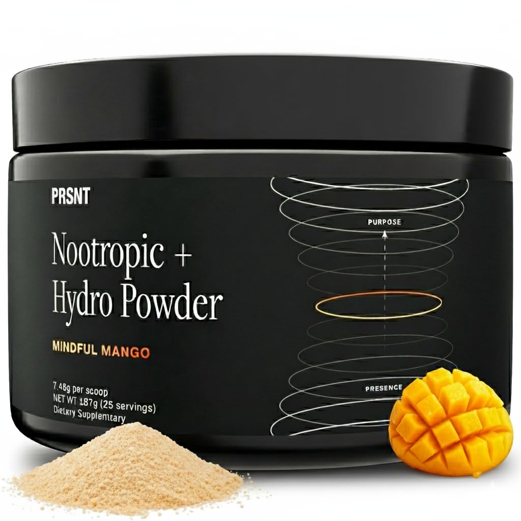 PRSNT Nootropic Focus Powder | Mango 25 Servings | Caffeine-Free, Sugar-Free | Supports Focus, Energy, Mental Clarity | Nootropic + Electrolytes Hydration Focus Drink Mix - Maple Wellness Supplements