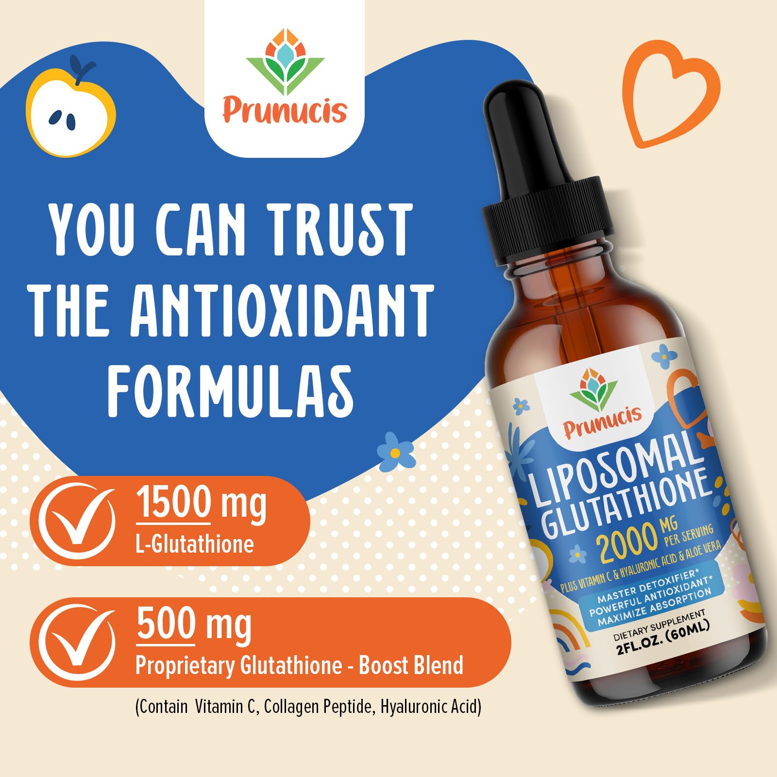 Prunucis 2000MG Liposomal Glutathione Liquid, 98% Absorption, Active Form L-Glutathione Supplement, - Maple Wellness Supplements