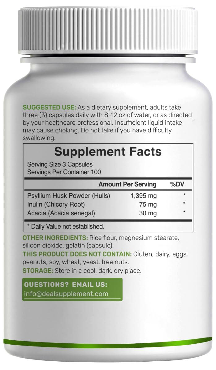Psyllium Husk 1500mg Per Serving, 300 Capsules – 3 in 1 Fiber Supplement with Inulin & Acacia Complex – Natural Soluble Fiber - Maple Wellness Supplements