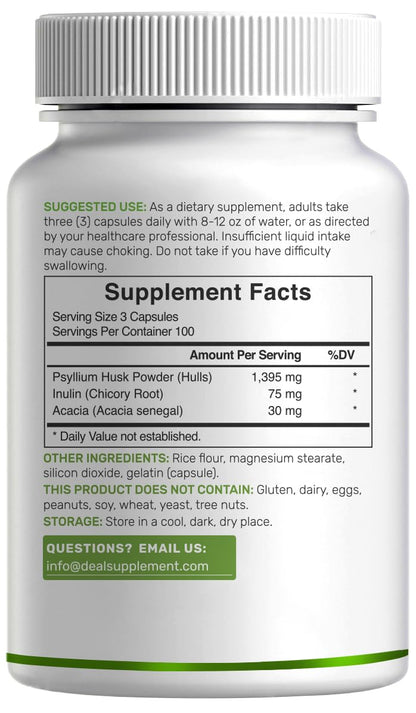 Psyllium Husk 1500mg Per Serving, 300 Capsules – 3 in 1 Fiber Supplement with Inulin & Acacia Complex – Natural Soluble Fiber - Maple Wellness Supplements