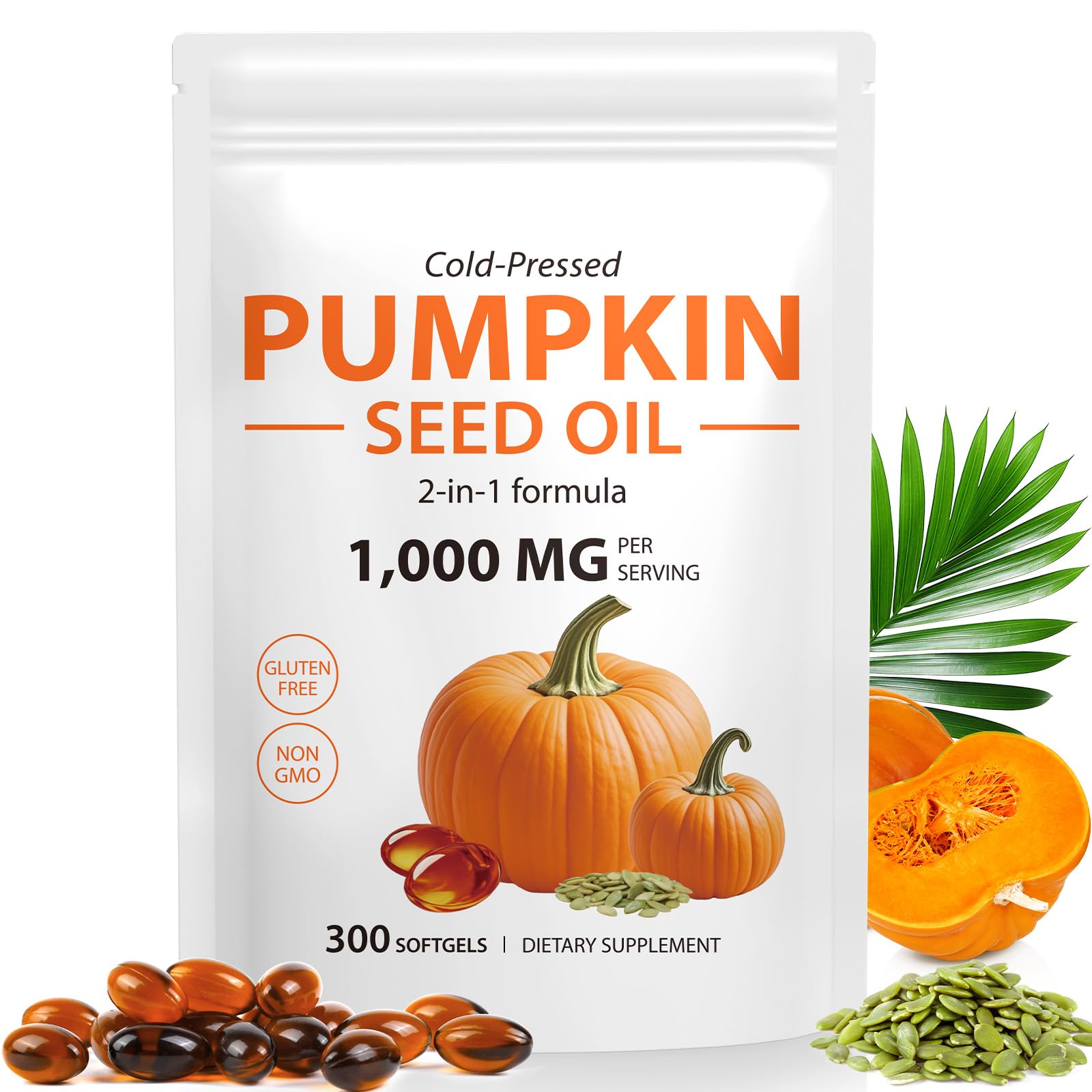Pumpkin Seed Oil with Saw Palmetto, 1000mg per Serving, 300 Softgels – Cold Pressed Pumpkin Seed Oil Capsules for Hair, Prostate, Urinary & Bladder Health - Maple Wellness Supplements