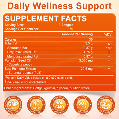 Pumpkin Seed Oil with Saw Palmetto, 3500mg Max Strength per Serving, 150 Softgels, Cold-Pressed with Essential Fatty Acids & Phytosterols, Supports Immune - Maple Wellness Supplements