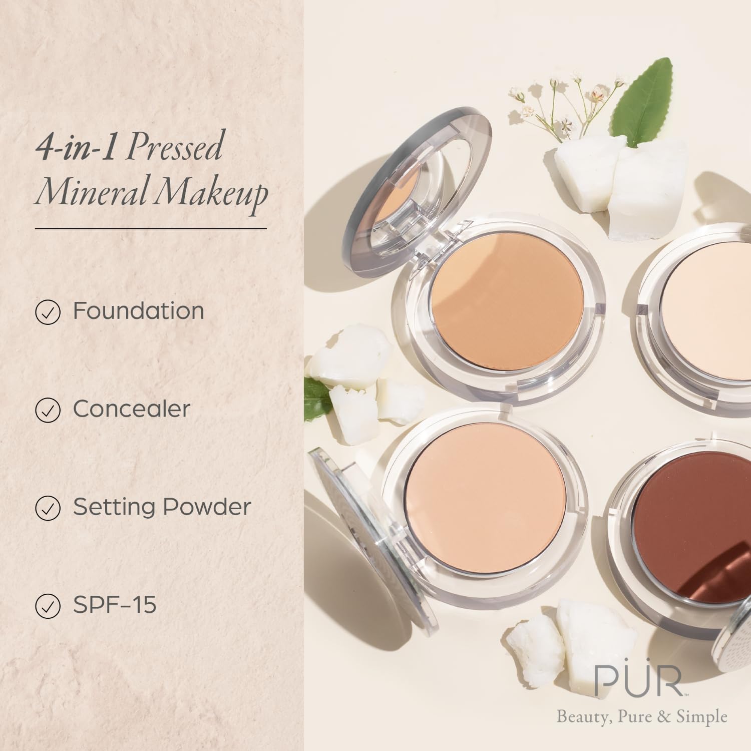 PUR Beauty 4-in-1 Pressed Mineral Makeup Powder Foundation with SPF 15 - Concealer & Finishing Compact Pressed Powder for Face - Buildable Medium to Full Coverage Foundation Powder (Blush Medium) - Maple Wellness Supplements
