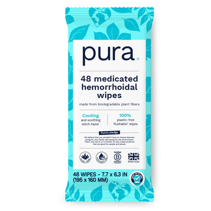 Pura Flushable Hemorrhoid Wipes XL, 48 Count, Medicated with Cooling Witch Hazel, Aloe & Coconut Oil, Fast Relief, Fragrance-Free, 100% Plastic-Free - Maple Wellness Supplements