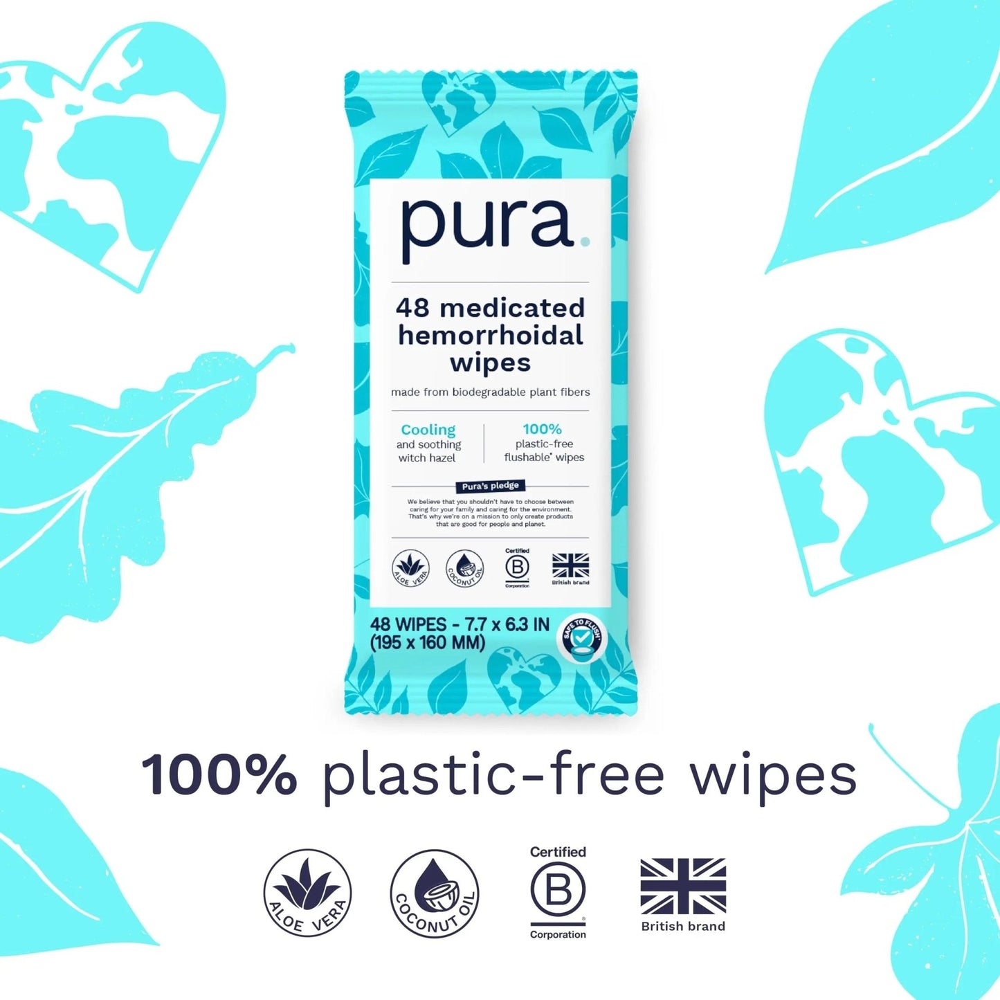 Pura Flushable Hemorrhoid Wipes XL, 48 Count, Medicated with Cooling Witch Hazel, Aloe & Coconut Oil, Fast Relief, Fragrance-Free, 100% Plastic-Free - Maple Wellness Supplements