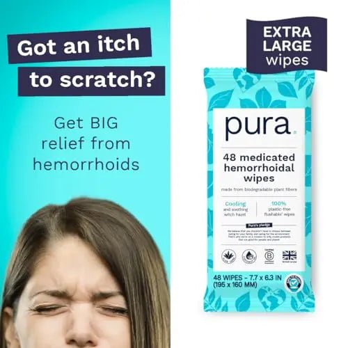 Pura Flushable Hemorrhoid Wipes XL, 48 Count, Medicated with Cooling Witch Hazel, Aloe & Coconut Oil, Fast Relief, Fragrance-Free, 100% Plastic-Free - Maple Wellness Supplements