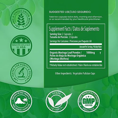 PURA VIDA Moringa Capsules Single Origin Moringa Powder Organic. Moringa Leaf - Maple Wellness Supplements