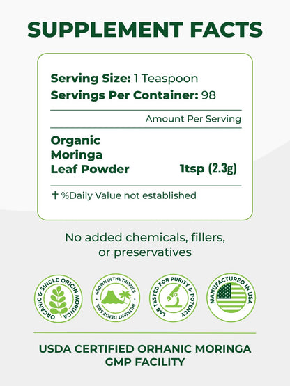 PURA VIDA MORINGA Organic Moringa Powder, Premium 100% Leaf Powder Single Origin - USDA Organic Moringa Oleifera Leaf - Maple Wellness Supplements