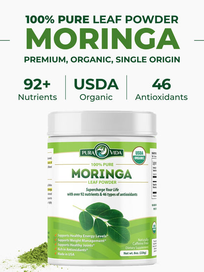 PURA VIDA MORINGA Organic Moringa Powder, Premium 100% Leaf Powder Single Origin - USDA Organic Moringa Oleifera Leaf - Maple Wellness Supplements