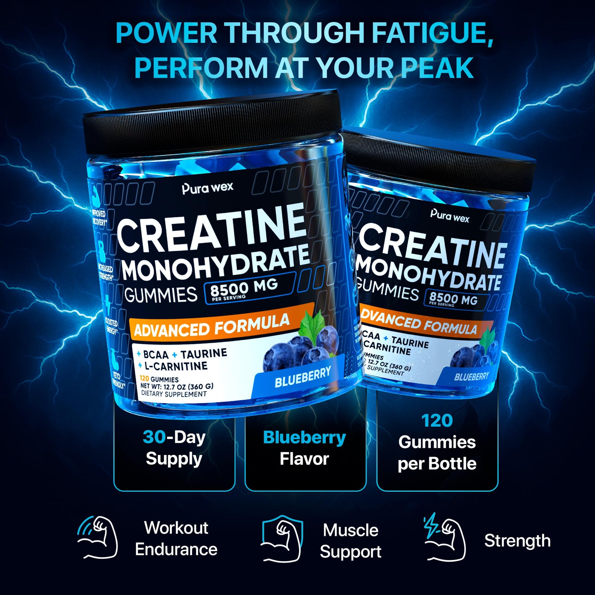 PURA WEX NUTRITION Creatine Monohydrate Gummies 8500mg Complex for Men & Women - Pre Workout Creatine Chews for Muscle Growth, Strength & Energy, - Maple Wellness Supplements